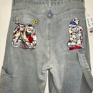 Fashion Jeans Graphic Wide Leg Carpenter Pants Womens XL 32 Blue NEW Streetwear